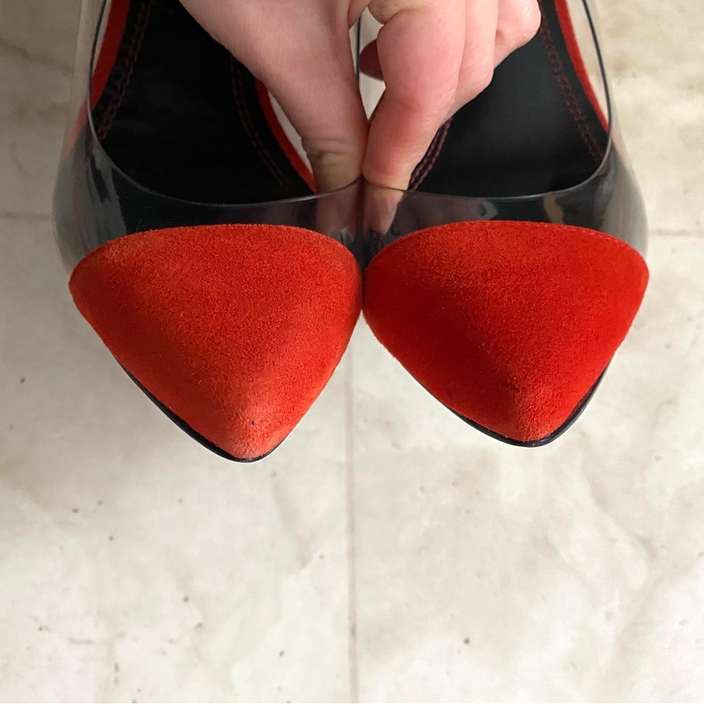 $340 Sandro Orange Suede Clear Vinyl Pointed Toe Pumps Heels Size 9.5/40 - Picture 10 of 14